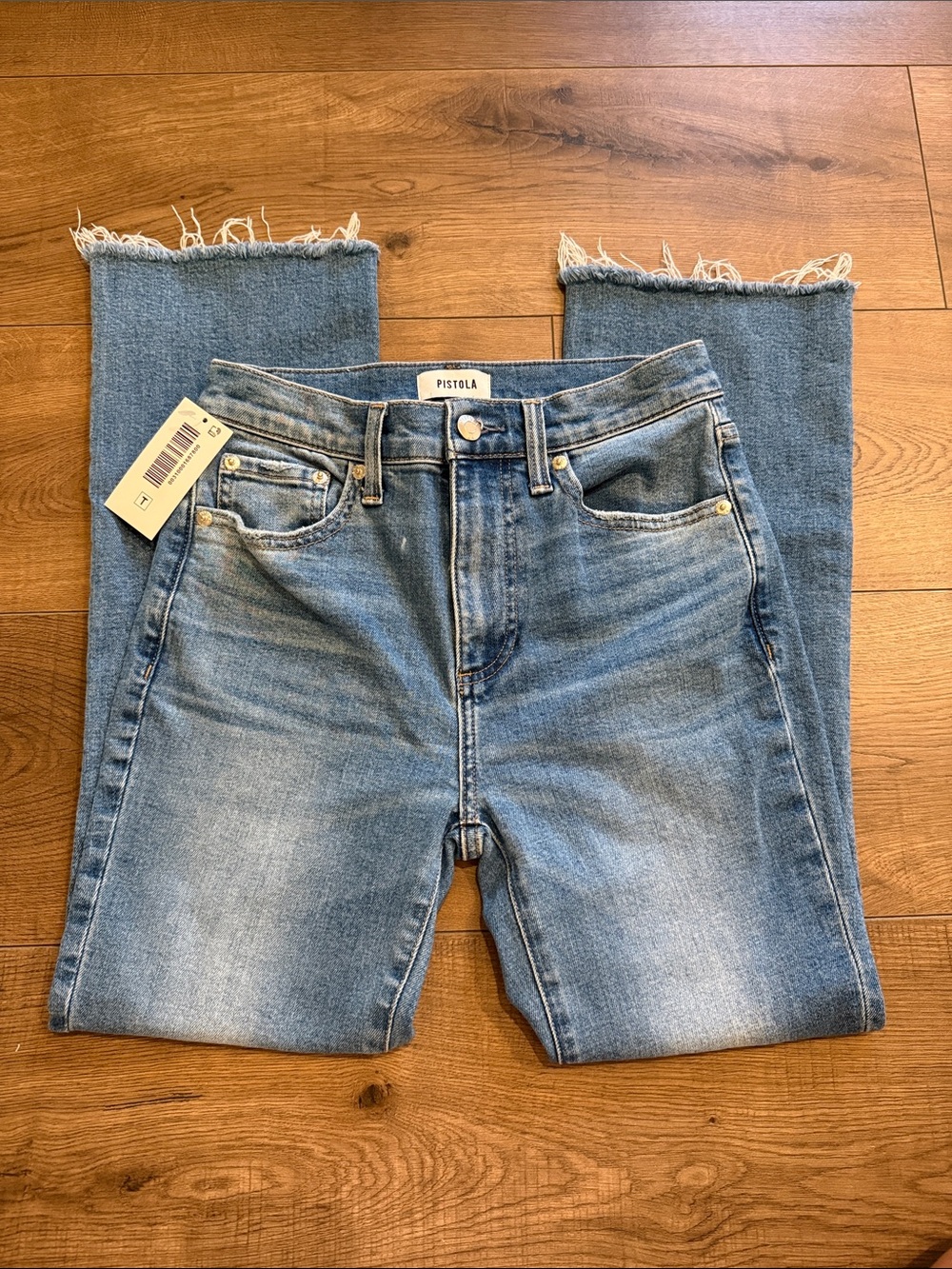 pistola faded light blue raw hem straight jeans